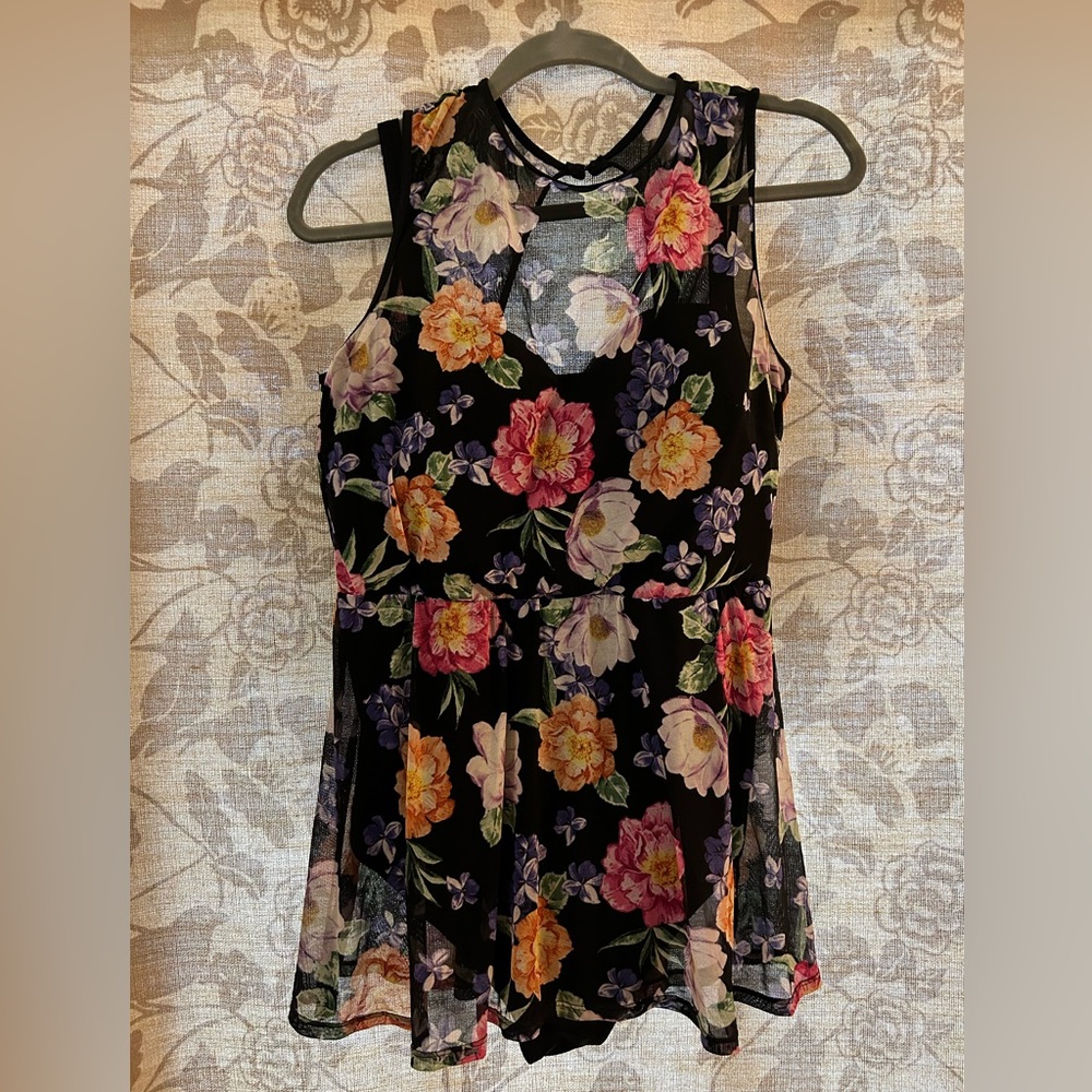 Underwire Long Floral Mesh Overlay Swim Dress With Brief
